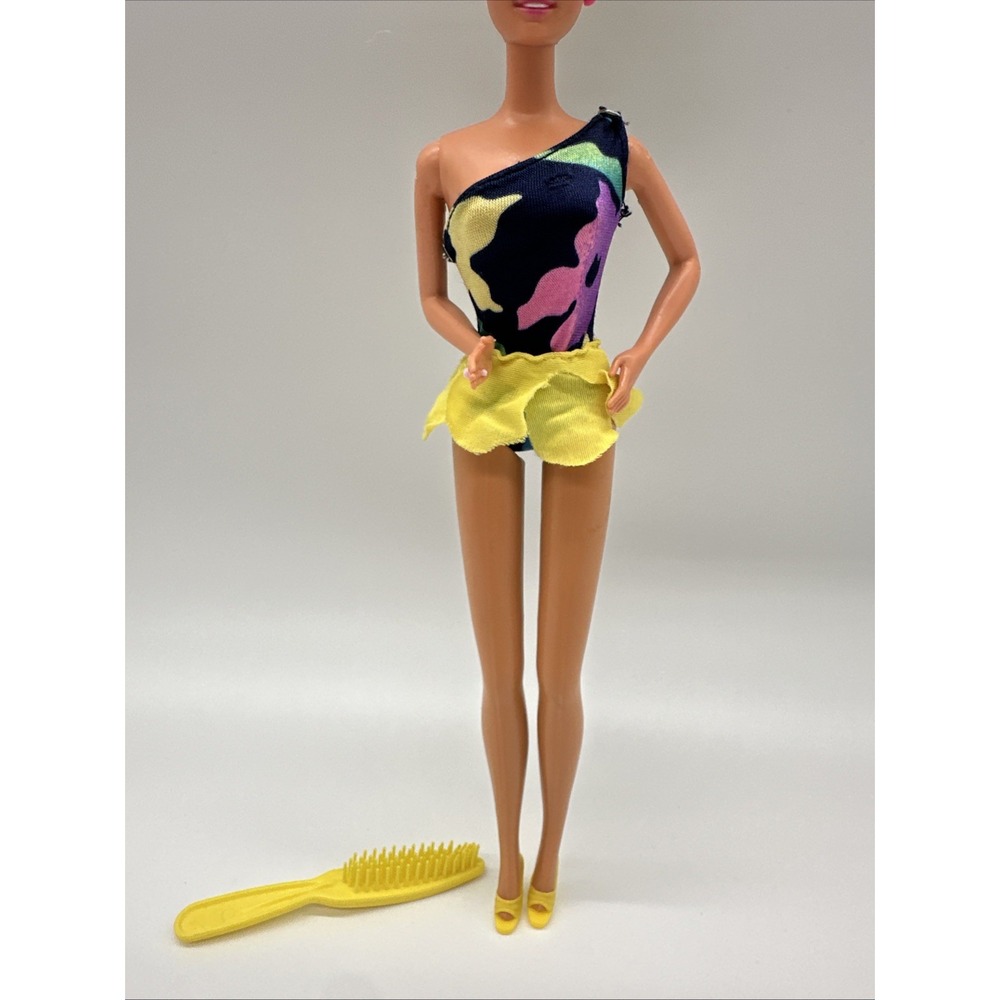 VTG 1980s Tropical Miko Barbie Swimsuit One Shoulder Yellow Petal Lei Snaps